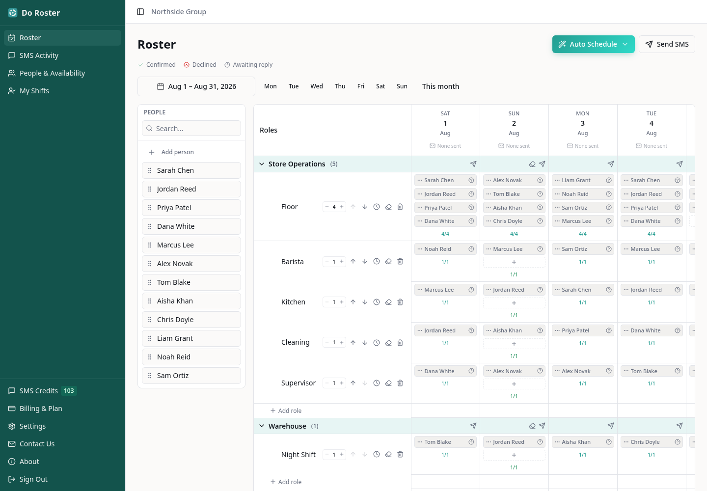 Do Roster scheduling interface showing roles, shifts and assigned team members
