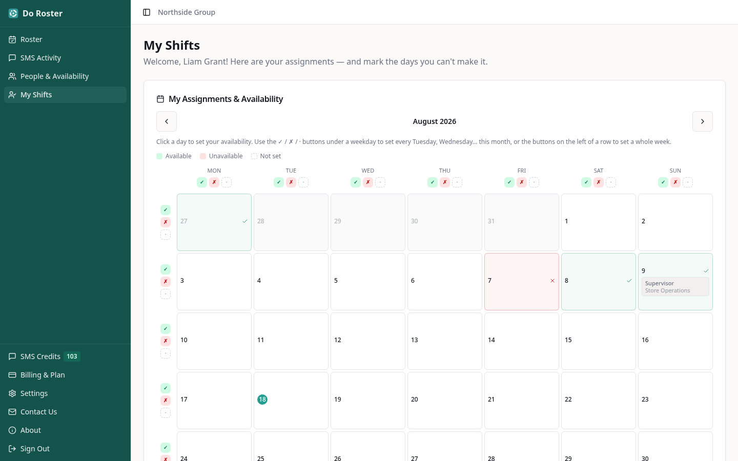 Do Roster My Shifts calendar showing a team member's assignments and availability