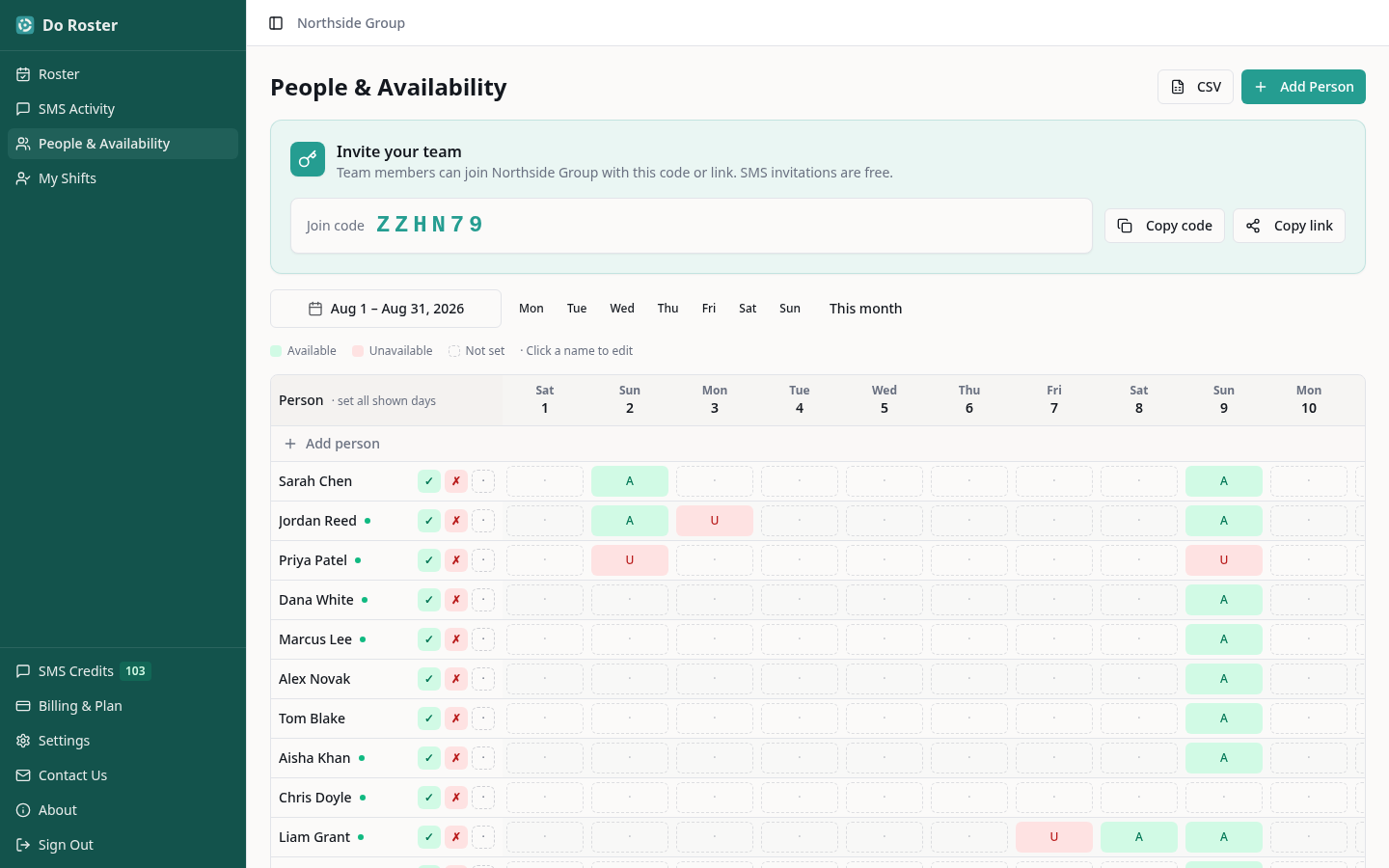Do Roster People & Availability screen with join code, team list and availability calendar